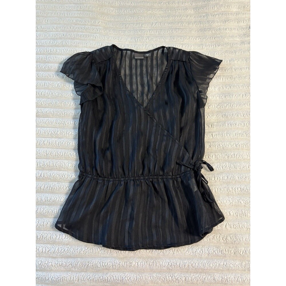 Covington Sheer Stripe Tie Waist Blouse Butterfly Sleeve Womens Small Black